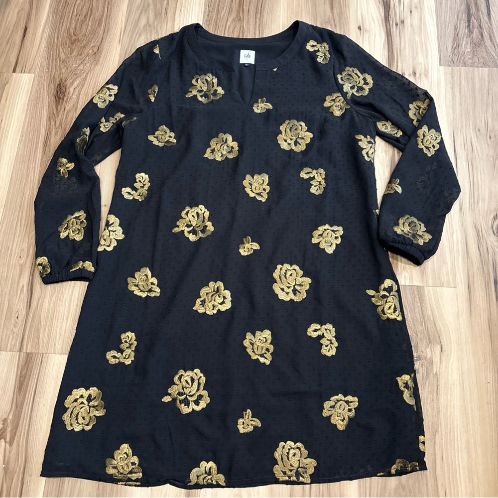 CAbi Floral Dress Large Embroidered Swiss Dot Special Occassion Black Gold - Picture 2 of 11